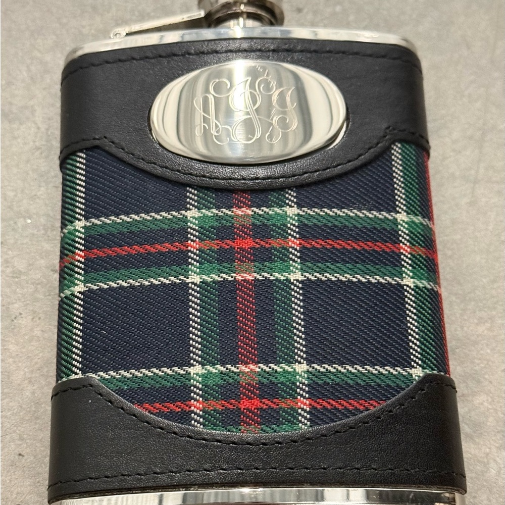 Stainless Steel, Plaid Fabric, Faux Leather Flask 6 oz